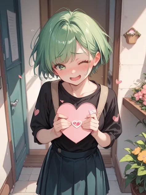 Very embarrassed ,  black shirt,  black skirt, a girl, Alone, blush,  short hair,  green hair, happy, Delivering a Valentine's Day letter 