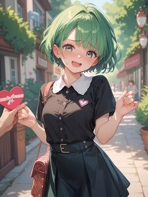 Very embarrassed ,  black shirt,  black skirt, a girl, Alone, blush,  short hair,  green hair, happy, Delivering a Valentine's Day letter 