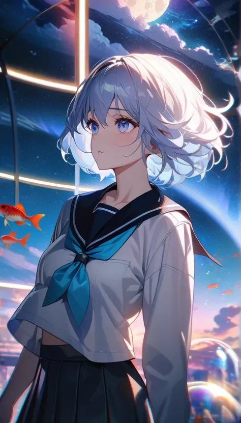 (woman\(student, , JK,  short hair, Silver Hair,  flowing hair ,  Cosmic eyes , black colored sailor uniform \(of High School\), pale,  tired face , no shine in the eyes\)  looking up at the sky), ( lots of goldfish swim in the sky ),  beautiful sky , Beau...