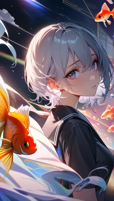 (woman\(student, , JK,  short hair, Silver Hair,  flowing hair ,  Cosmic eyes , black colored sailor uniform \(of High School\), pale,  tired face , no shine in the eyes\)  looking up at the sky), ( lots of goldfish swim in the sky ),  beautiful sky , Beau...