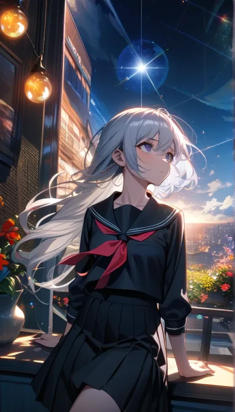 (woman\(student, , JK,  short hair, Silver Hair,  flowing hair ,  Cosmic eyes , black colored sailor uniform \(of High School\), pale,  tired face , no shine in the eyes\)  looking up at the sky), ( lots of goldfish swim in the sky ),  beautiful sky , Beau...