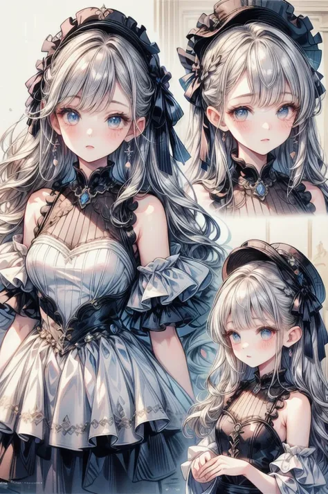  full body shot、( masterpiece:1.2),  top quality,Pixiv,  1 girl,  long hair, 、 puff sleeve dress ！ Lolita Dress , lolita fashion、  of tank tops,  beautiful detailed lips ,  extremely detailed face ,   long eyelash , Complicated hairstyle,  gentle expressio...