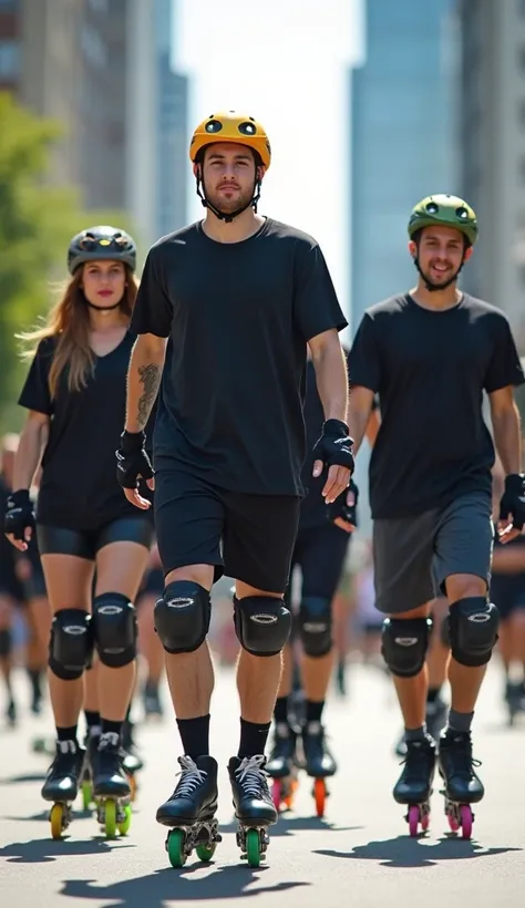 group of 18 year old massively handsome men and women on inline skates wearing black t-shirts, short, Wearing a colored helmet, knee pads and protections, brightly colored wheels moving through the streets of the city in the daytime