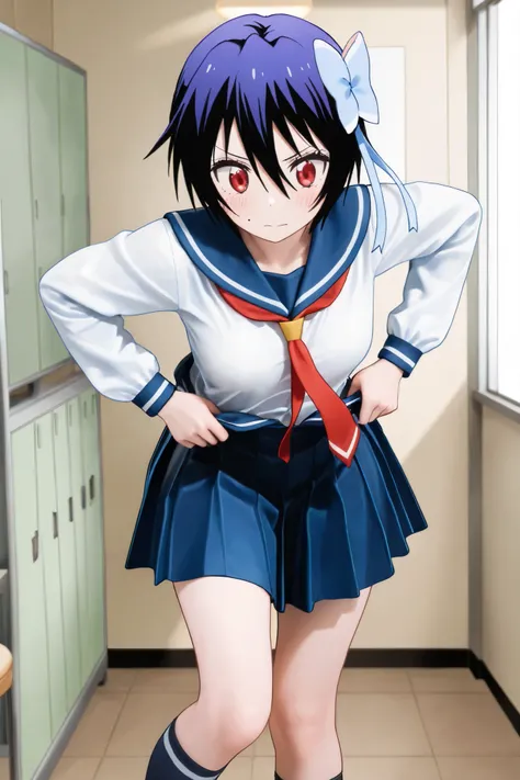 NSFW, Masterpiece, top quality, Hi-Res, very detailed,Seishirou Tsugumi\(Nisekoi\)、 short hair、 red eyes、ribbon、 Lantern、ヘアribbon、 mole、目の下の mole、青いribbon, skirt by humili、 shirt、 knee socks、uniform、clavicle、白い shirt、プリーツ skirt by humili、 tie、 sailor suit、...