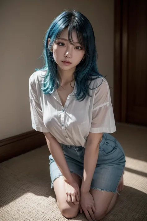 Blue-haired Asian woman in light clothing