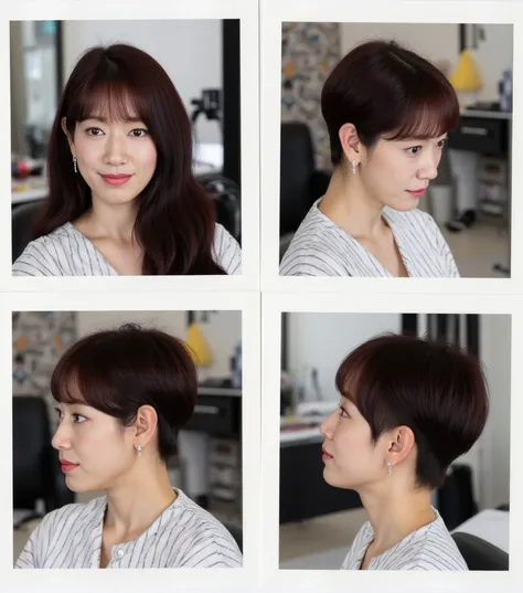  Contact sheet with 4 images of a woman "Park Shin-hye - 정소민", preparing for the men inspired haircut, from happy super long to Sad super super short Spiky buzzcut with a "High fade" undercut and a side shave, cropped hair, very extreme short hair, sides s...