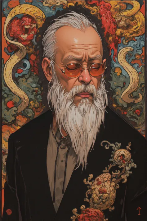   pictures inspired by Kubrick movies ,  Picture of a crazy old man from the Chinese Mafia , an image of an old man around 70 years old , with all-back gray hair and a long, white, thin beard, well-groomed style ,A slight smile around the mouth , high qual...