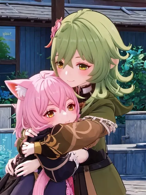 green hair, cute, happy, smiling, hugging a pink feral fox, pink fox