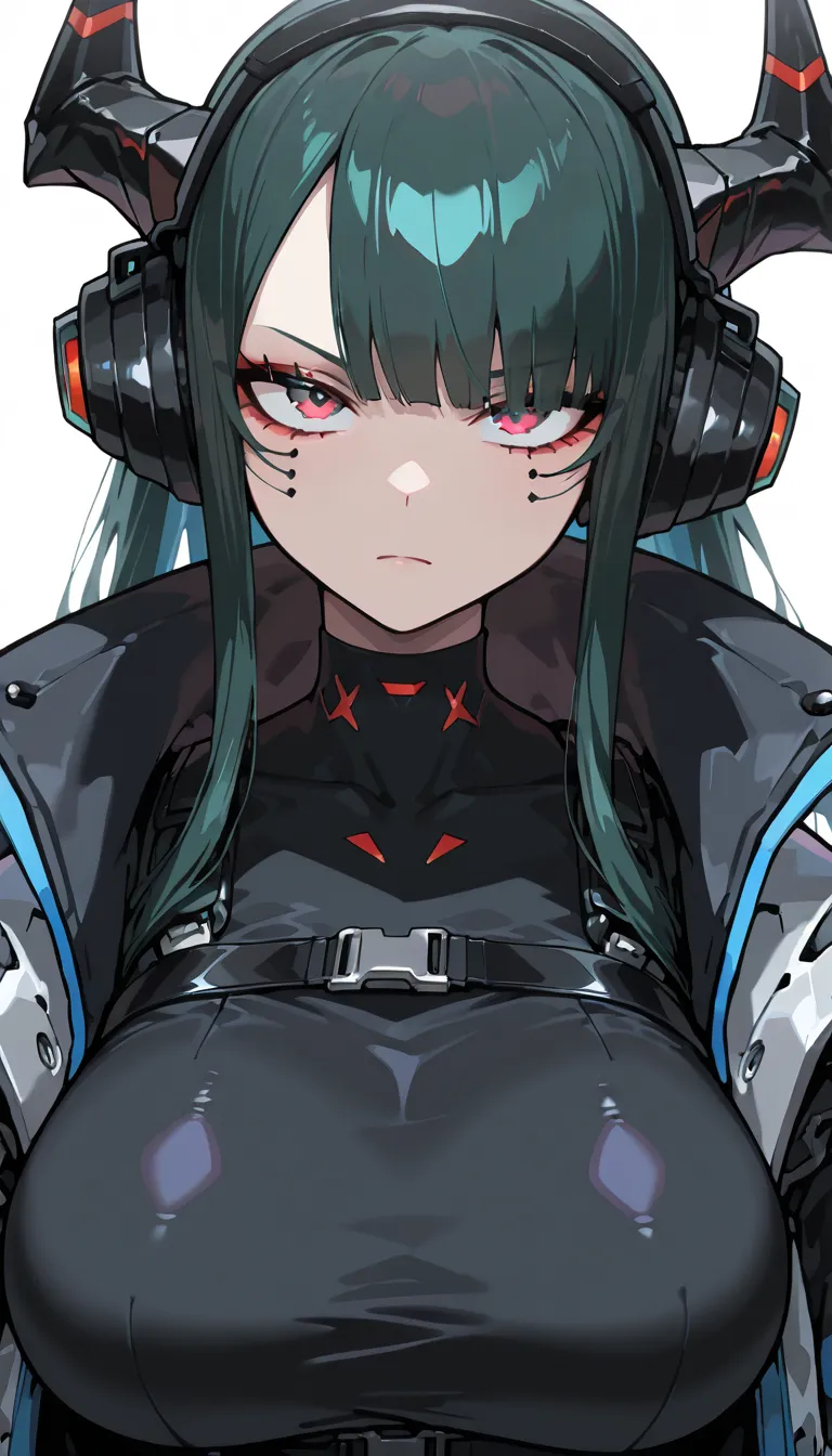 (big breasts, visible curves,  Focus on the face, Serious, Perfect face ), best quality, amazing quality, very aesthetic, cyberpunk, street style, techwear, stylized outfit, Gamer girl, headphones, goth, black horn, Makeup, white background