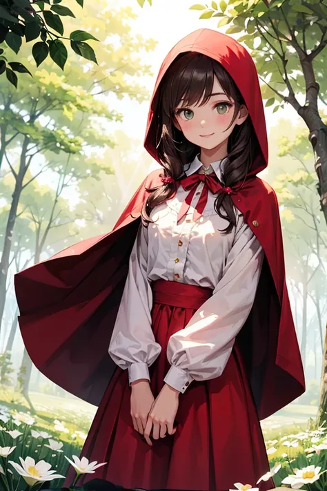 1girl, Little Red Riding Hood, wearing a classic red hood and cape, with a white blouse and a simple red skirt. She has long wavy brown hair and bright green eyes. She is smiling warmly and looking to her right. Her expression is cheerful and inviting,
sta...