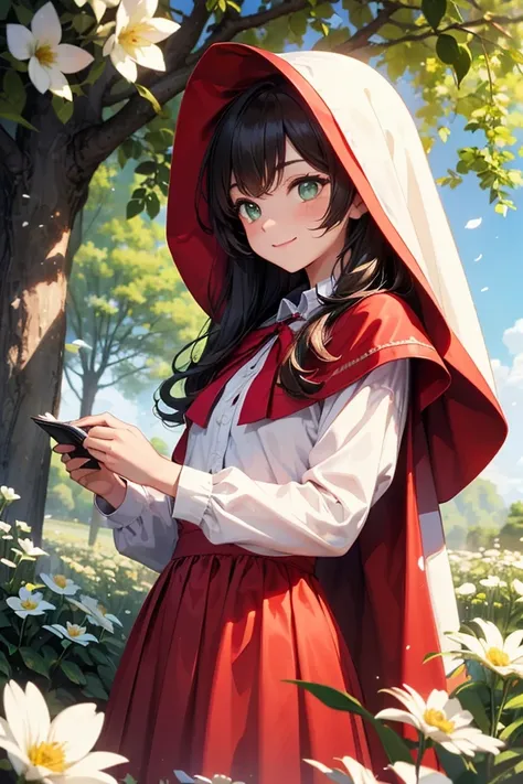 1girl, Little Red Riding Hood, wearing a classic red hood and cape, with a white blouse and a simple red skirt. She has long wavy brown hair and bright green eyes. She is smiling warmly and looking to her right. Her expression is cheerful and inviting,
sta...