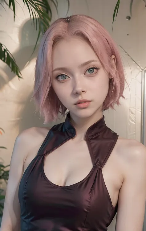 young woman, short shoulder-length pink hair, wide forehead, porcelain skin, pink eyebrows, big emerald green eyes, buttoned nose, full lips, heart-shaped face, slender body, small breasts, maroon tank top, Sakura Haruno , realistic, Realism, details, 3d, ...