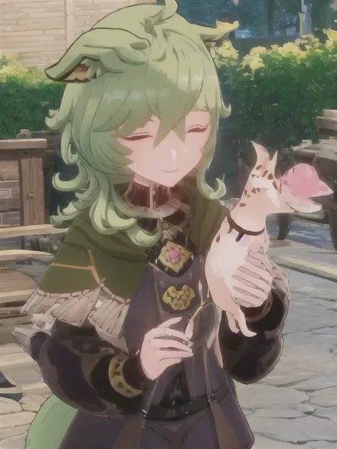 green hair, cute, happy, smiling, holding a pink feral fox, pink fox