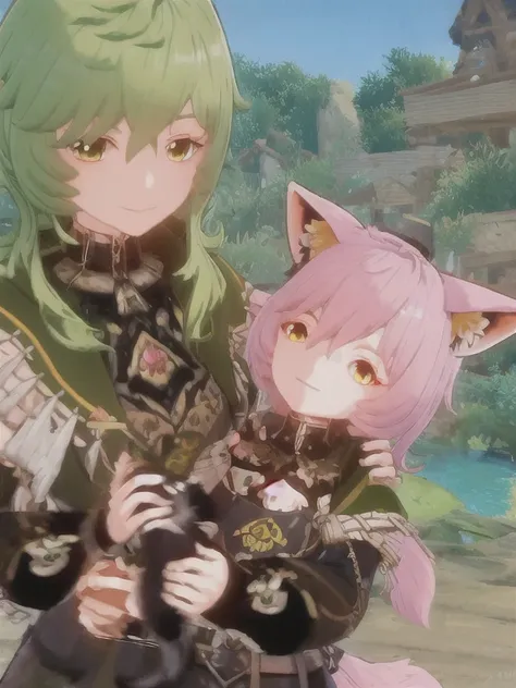 green hair, cute, happy, smiling, holding a pink feral fox, pink fox