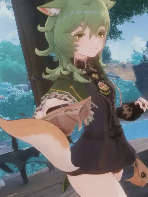 green hair, cute, happy, smiling, holding a pink feral fox, pink fox