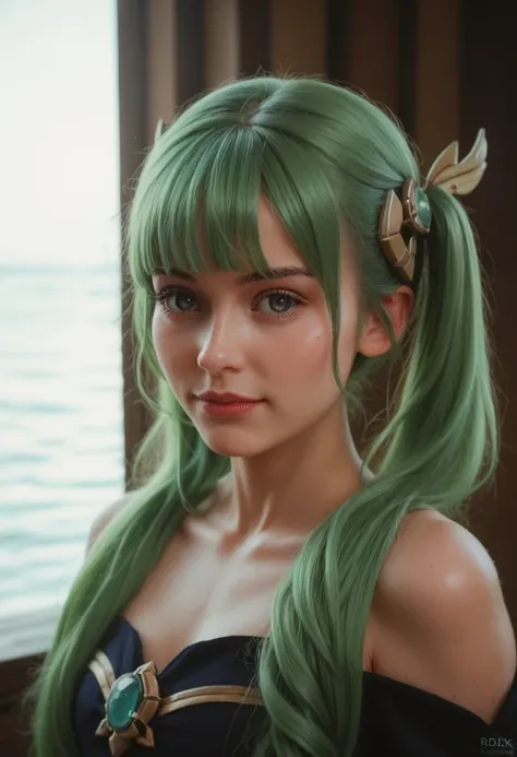 1girl, solo, hair ornament, green hair, twintails, long hair, dress, water,, mid shot portrait photo of (Faruzan) from Genshin Impact,, dark fantasy background, charming smirking., by Greg Rutkowski and Walt Disney ultra realistic highly detailed intricate...