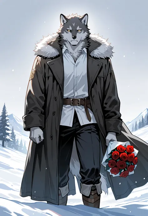 masterpiece, best quality, high resolution, absurdres, incredibly detailed, flawless, score_9, score_8_up, score_7_up,
1male, wolfman, tall and muscular build, with gray fur and sharp yellow eyes. He is wearing a dark tailored coat with fur trim and a whit...