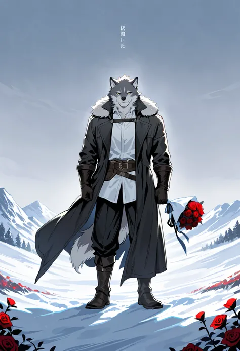 masterpiece, best quality, high resolution, absurdres, incredibly detailed, flawless, score_9, score_8_up, score_7_up,
1male, wolfman, tall and muscular build, with gray fur and sharp yellow eyes. He is wearing a dark tailored coat with fur trim and a whit...