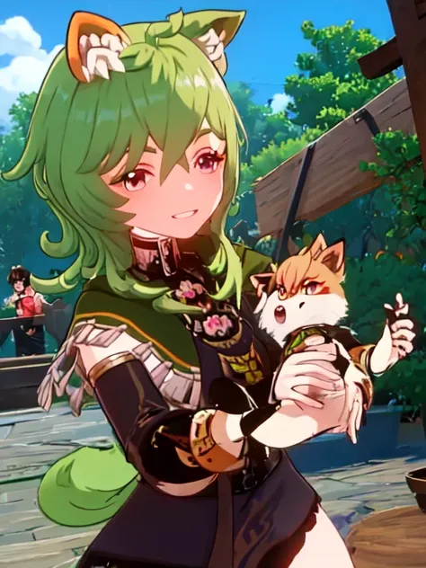 green hair, cute, happy, smiling, holding a pink feral fox, pink fox