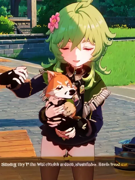 green hair, cute, happy, smiling, holding a pink feral fox, pink fox