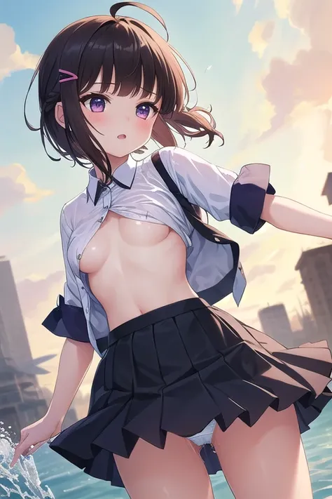 ((top quality)), ((masterpiece)), (Details),  1 girl。blunt bangs。Short Hair。 braided ponytail with extended skirt。ahoge。Cute hair clip。 look so young。 small breasts。(moving composition)。Strong winds。The skirt widens and you can see the panties。pussy juice ...