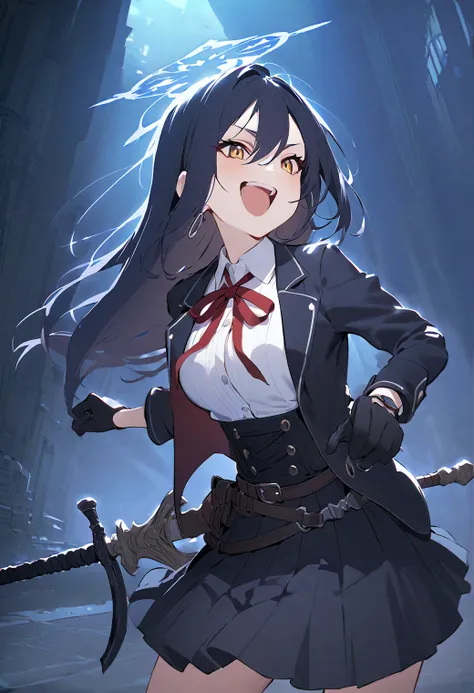 (  score_9,  score_8_  up the side ,  score_7_  up the side , )，  masterpiece,   Laugh , Sword Halo  , Hunter \(Bloodborne\),   ON DECORATY  , Kaha  _One, , long hair, yellow eyes,  black hair,  black gloves, earrings，black  jacket, black  skirt by humili,...