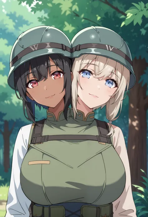 2heads, twoheads, a tall thin woman with 2 heads, white hair, black hair, blue eyes, red eyes, half dark skin and light beige skin, two tone skin, light beige skin, dark skin, The upper body is a long-sleeved green combat uniform, green Bulletproof vest、gr...