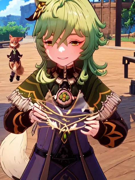 green hair, cute, happy, smiling, holding a pink feral fox, pink fox