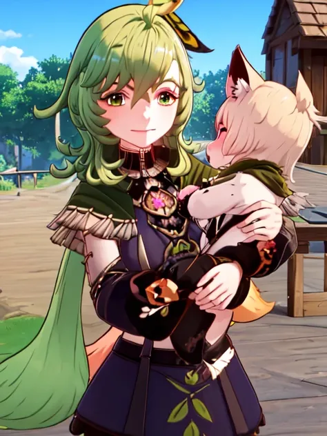 green hair, cute, happy, smiling, holding a pink feral fox, pink fox