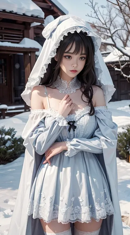 （ 8,000，Original image，  Best Quality，  masterpiece：1.2），（realisticlying，  Photo Realistic：1.4)， cover your face with sadness ，
 Lolita Outfit ，Lace，  Alice Gainsborough ，  upper body，thigh，Lace， underwear， bare shoulders ，   outside ， (external，Snow cover...