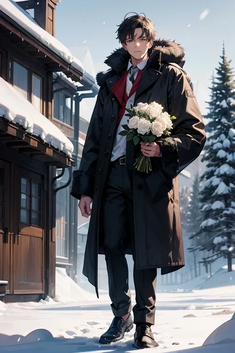 1male, Werewolf, tall and muscular build, with gray fur and sharp yellow eyes. He is wearing a dark tailored coat with fur trim and a white shirt underneath. In his hands, he holds a bouquet of vibrant red roses. His expression is calm and slightly melanch...