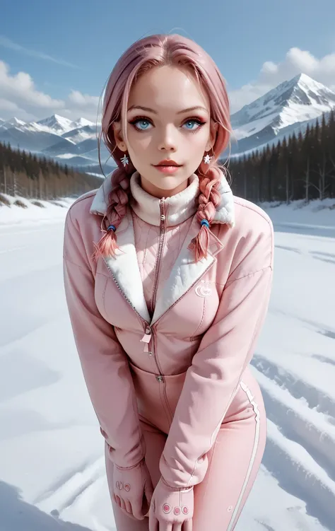  high resolution ,  best quality ,  high detail ,  high quality , full length , full frame,  Widescreen ,  full-length girl , Breasts, earrings,  pink hair ,  blue eyes, makeup, scarlet lips, winter,  snow , Mountains, ski suit , skiing .