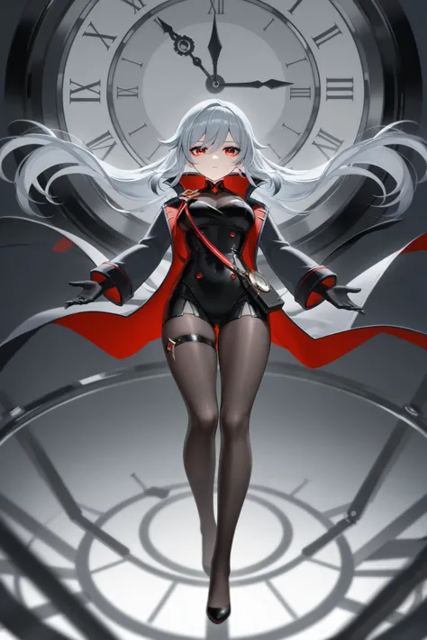 、 best thighs、 Genshin、Dispatched Light Wheel、 beautiful skin、Clear shadows、front、 long coat、Gray Hair、 red eyes、 black tights、Machine clothes、 long hair、clock