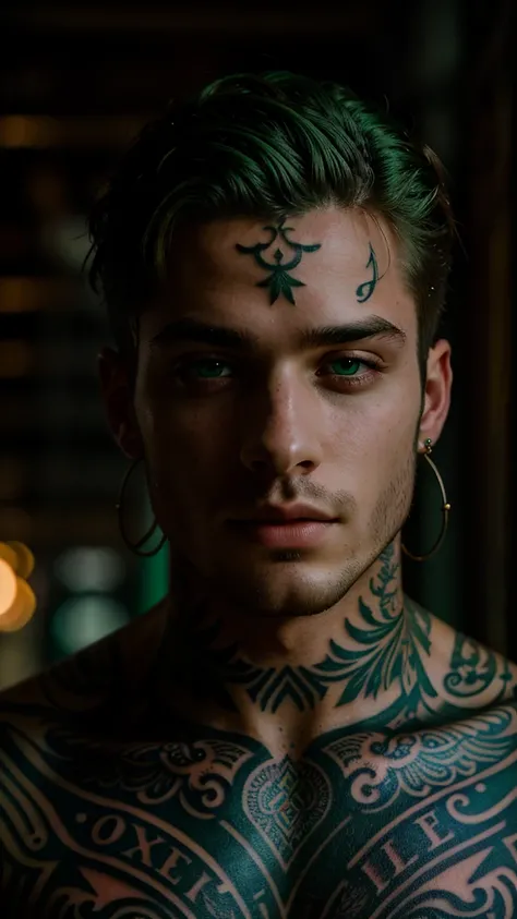 male portrait, beautiful face, perfect face, deliberate, masterpiece, best quality, highest quality, cinematic lighting, very beautiful, ultra realistic, tattoos, tattooed, beautiful, vivid green eyes 