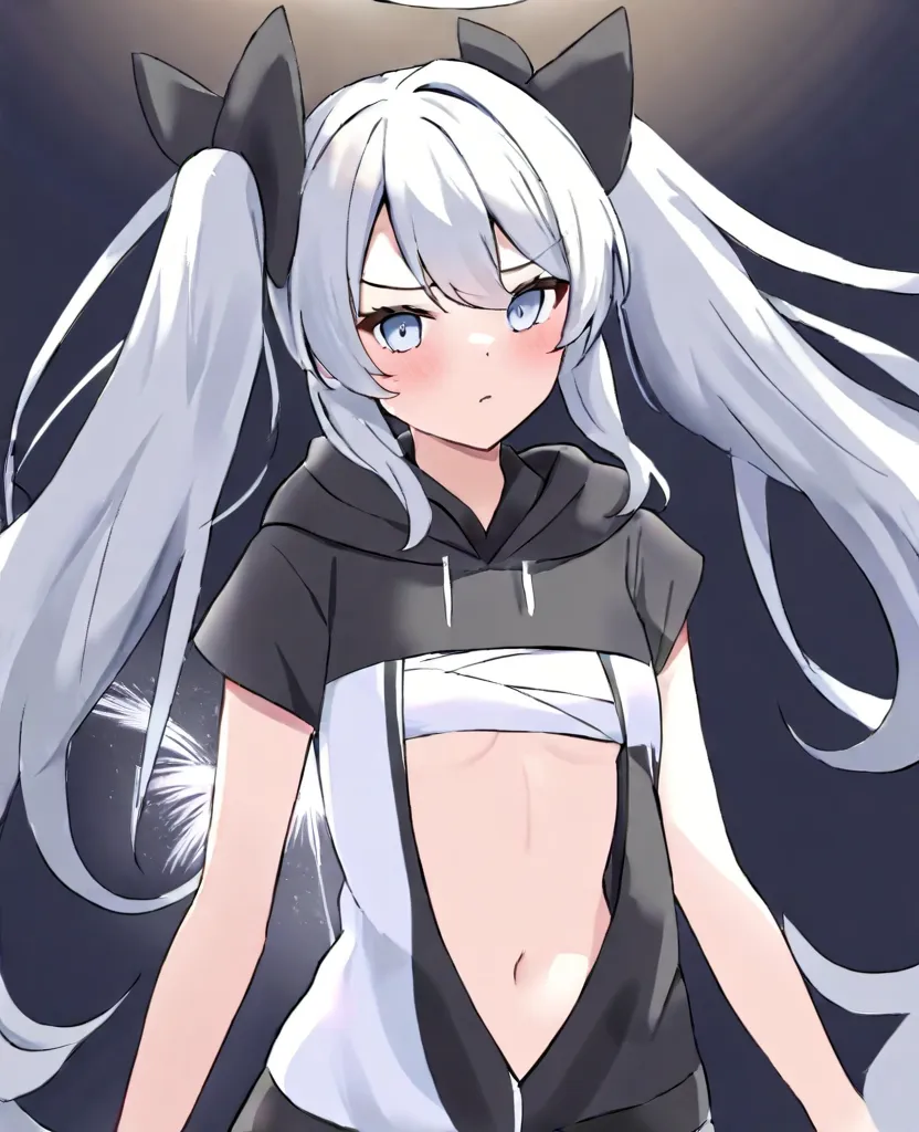  cute　 girl　 Silver Hair　 wearing a black hoodie that is 4 times the size of his head 　 spats　 and is wearing a hood　 light blue eyes