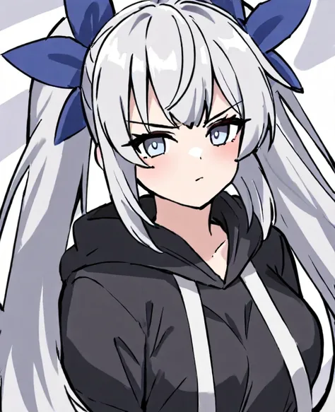  cute　 girl　 Silver Hair　 wearing a black hoodie that is 4 times the size of his head 　 spats　 and is wearing a hood　 light blue eyes