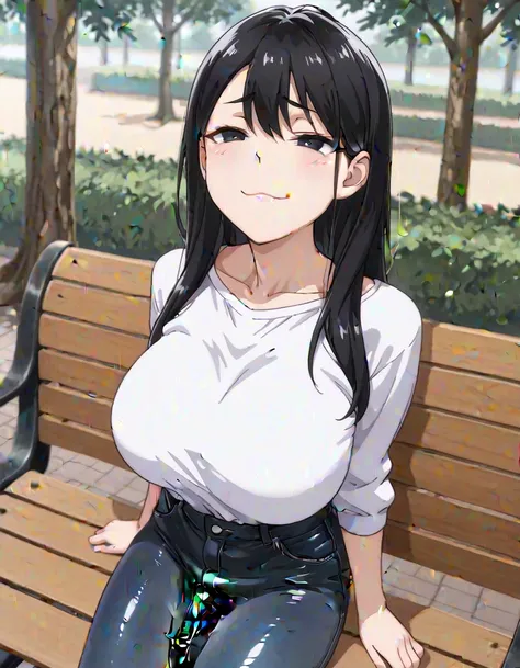 large_breasts, solo, kuroda Hikari, down_bulge, black_hair, black_eyes, smug, jeans, park_bench, tree,, masterpiece,best quality,absurdres, amazing quality