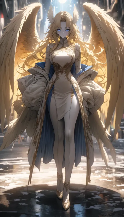 Thick coating插画，whole body，whole body视角，Rich details，Fine portrayal， masterpiece， cool archangels ， huge thick wings，feather，Beautiful face ， long blonde hair， blue eyes， snow-white skin ， Spotlight Effects ， glowing effects ，Thick coating，超级Thick coating，...