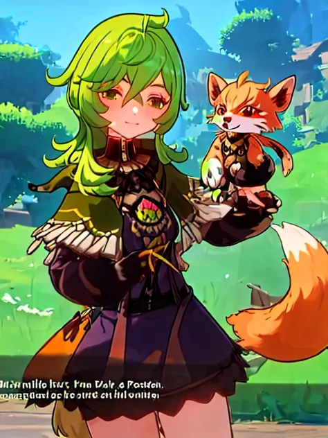 1 girl and 1 animal, green hair, cute, happy, smiling, holding a pink feral fox, pink fox