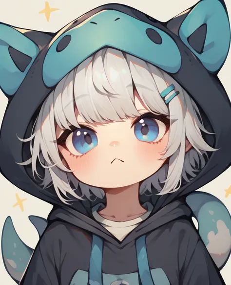  cute　 girl　 Silver Hair　 wearing a black hoodie that is 4 times the size of his head 　 spats　 and is wearing a hood　 light blue eyes