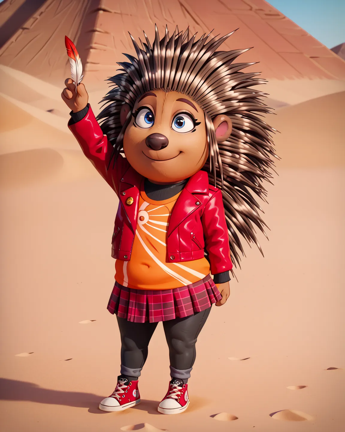 solo, ashsing, brown fur, porcupine, quill hair, full body, blue eyes, red leather jacket, opened jacket, orange shirt, maroon plaid mini-skirt, plump pudgy stomach, wide hips, black undershirt, black pants, red converse sneakers, High Resolution, Accurate...