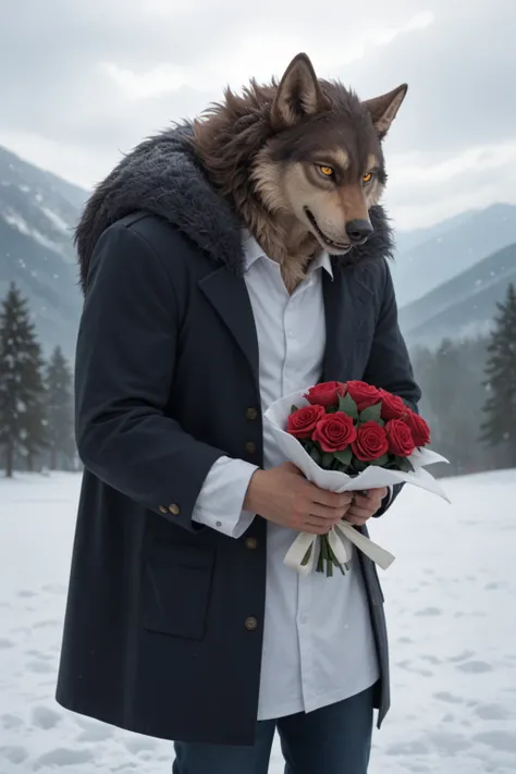 1male, Werewolf, tall and muscular build, with gray fur and sharp yellow eyes. He is wearing a dark tailored coat with fur trim and a white shirt underneath. In his hands, he holds a bouquet of vibrant red roses. His expression is calm and slightly melanch...