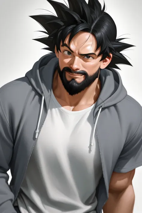 Realistic Son Goku Hopper with a rough beard, very masculine, with Full beard Looking ahead in a tight White t-shirt with open grey sweatshirt Looking ahead with a raised eyebrow Black hair With one arm he makes the sign of love and peace Smile with your m...