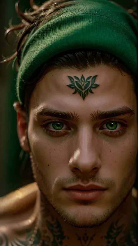 male portrait, beautiful face, perfect face, deliberate, masterpiece, best quality, highest quality, cinematic lighting, very beautiful, ultra realistic, tattoos, tattooed, beautiful, vivid green eyes 