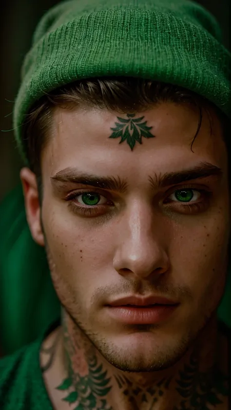 male portrait, beautiful face, perfect face, deliberate, masterpiece, best quality, highest quality, cinematic lighting, very beautiful, ultra realistic, tattoos, tattooed, beautiful, vivid green eyes 