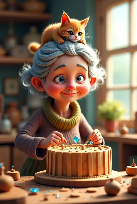 Draw me a older women with a cat on her head who is making wooden cake with diamonds on the top of the cake
