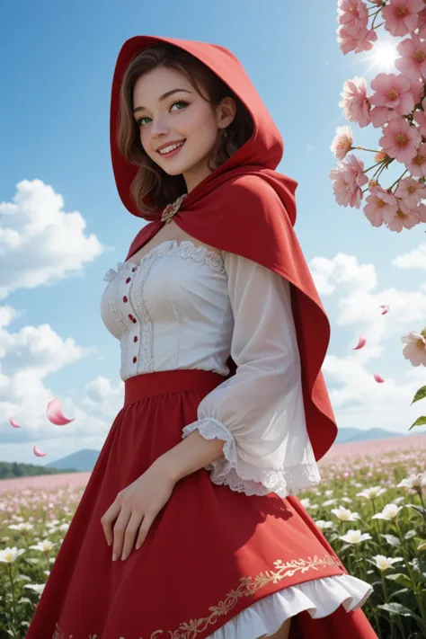 1girl, Little Red Riding Hood, wearing a classic red hood and cape, with a white blouse and a simple red skirt. She has long wavy brown hair and bright green eyes. She is smiling warmly and looking to her right. Her expression is cheerful and inviting, sta...