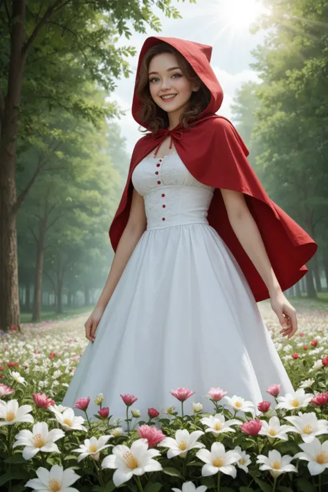 1girl, Little Red Riding Hood, wearing a classic red hood and cape, with a white blouse and a simple red skirt. She has long wavy brown hair and bright green eyes. She is smiling warmly and looking to her right. Her expression is cheerful and inviting, sta...