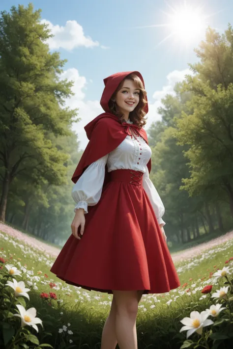 1girl, Little Red Riding Hood, wearing a classic red hood and cape, with a white blouse and a simple red skirt. She has long wavy brown hair and bright green eyes. She is smiling warmly and looking to her right. Her expression is cheerful and inviting, sta...