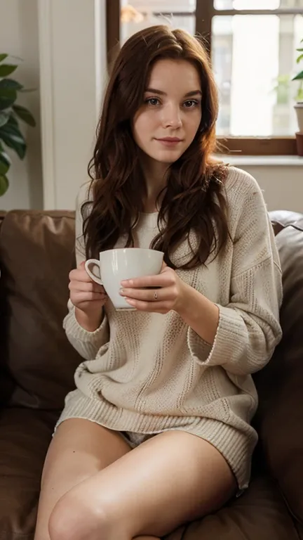 ultra-realistic, photorealistic, A 24-year-old European girl with fiery red, wavy medium-length hair, sitting on a cozy couch, wearing an oversized sweater. Holding a cup of tea, warm indoor lighting, relaxed expression, soft textures, intimate atmosphere.